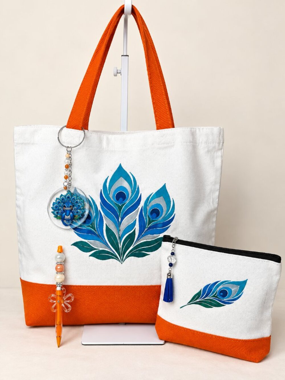 Peacock Feather Tote Bag Set with Matching Pouch & Pen